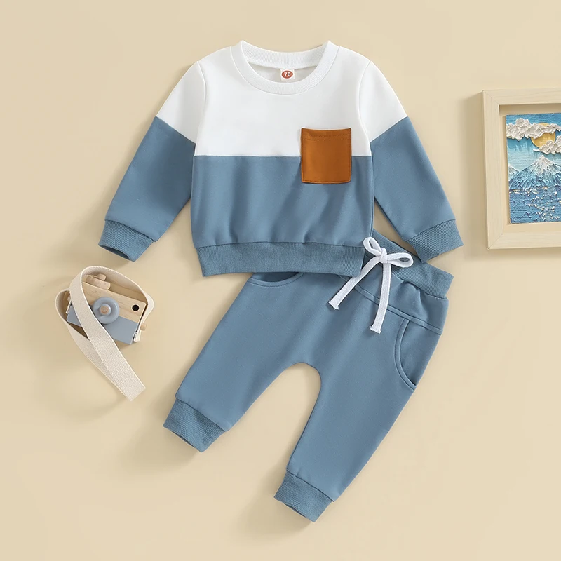 Neonato Autunno Girocollo Manica Lunga Pantaloni Lunghi Tasche Elastico Vestito Vestiti Felpa Set