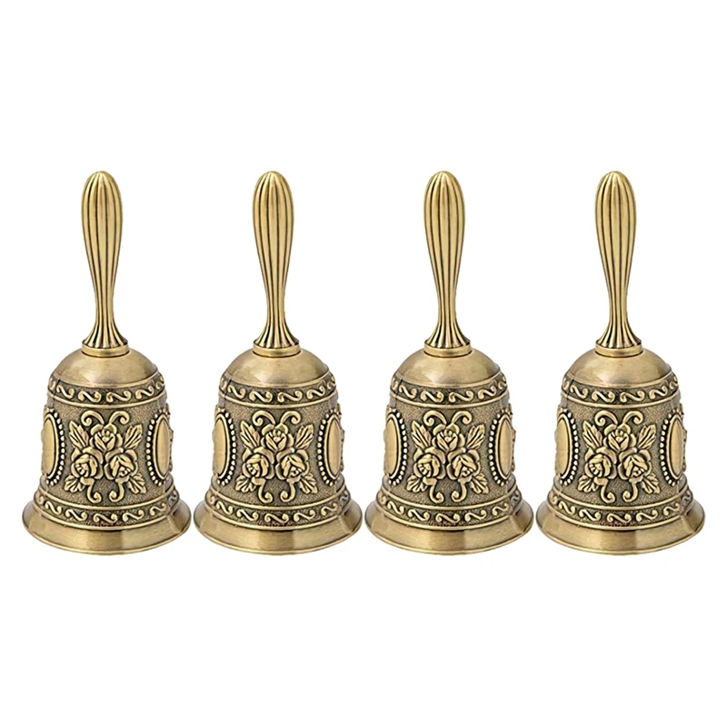 4X Hand Bell, Metal Tone Ring Alarm Hand Hold Service Call Bell Desktop Bell Tea Dinner Bell Game Bell, Gold