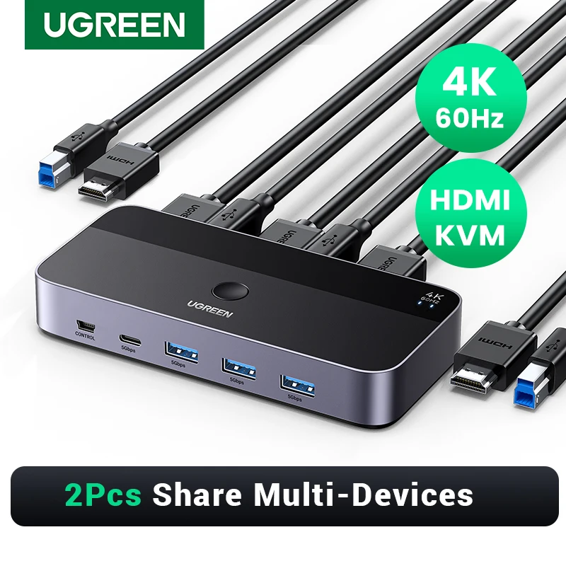 Ugreen 4K @ 60Hz Hdmi Kvm Switch Usb3.0 Kvm Switcher 2 Pezzi Condivisione 1 Monitor, Stampante, Tastiera, Mouse Switch Supporto 3D ,Hdr Vision