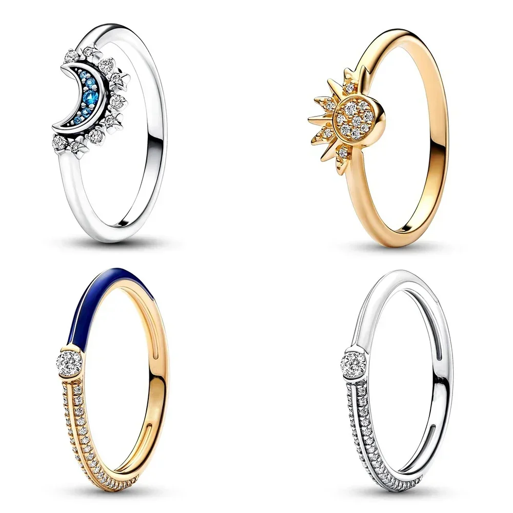 Anillo Doble De Plata De Ley 2023 Para Mujer, Sortija Con Forma De Luna Brillante, Azul Celeste, Para Regalo, 925