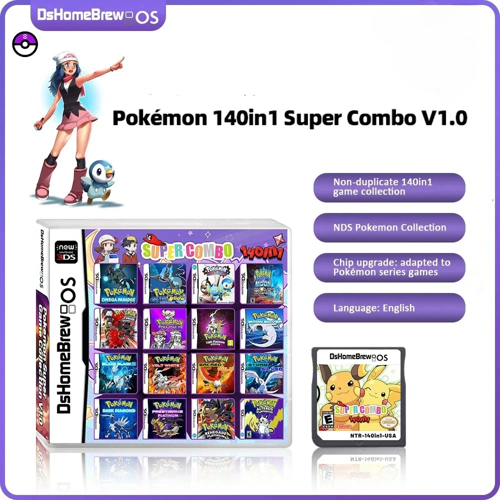 140 In1 Pokemon Filament Ds Nds 3Ds Ndsl Game Cartridge Card Videogioco Lettore Portatile