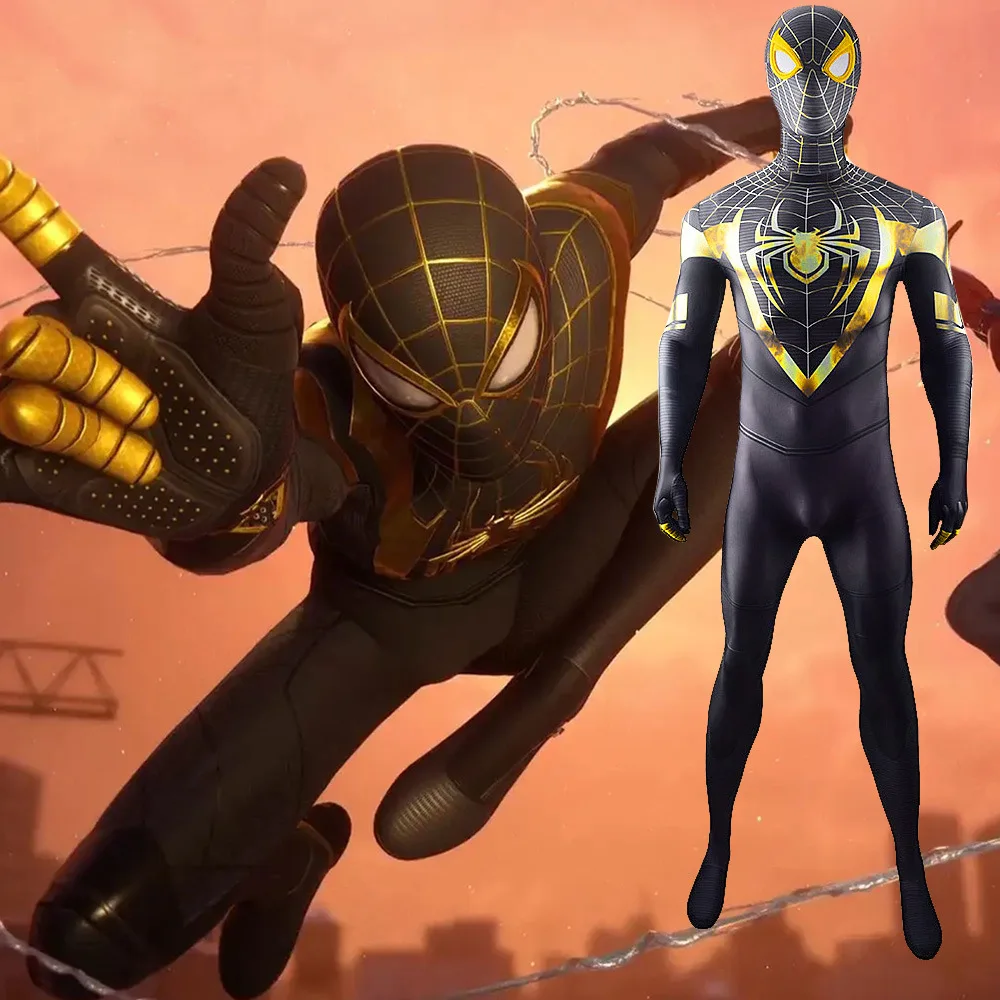 Ps5 Miles Morales Spiderman Costume Cosplay Ps5 Gold Spider Spandex Costume Supereroe Zentai Abiti Costume Di Halloween Adulto