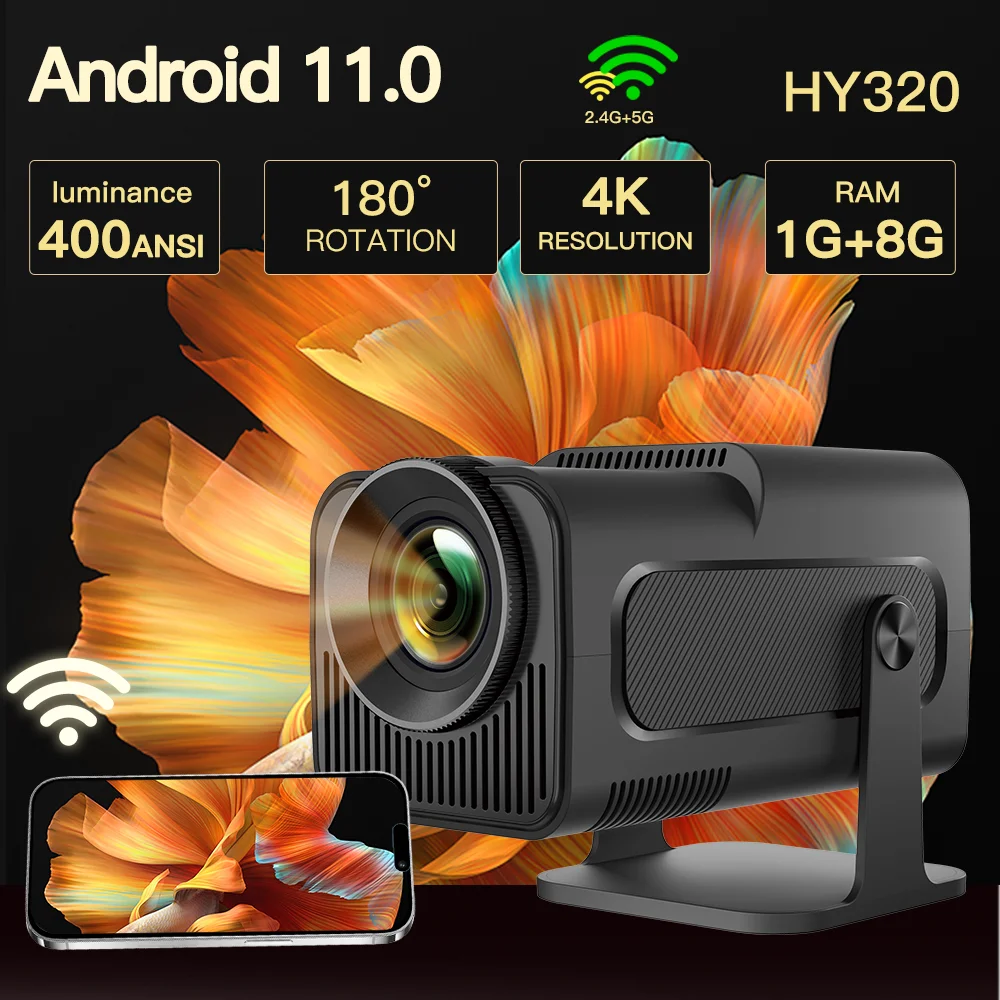 Lyncast Hy320 Proiettore Intelligente Android 11 Mini Home Cinema Portatile Dual Wifi6 400Ansi Bt5.0 Proiezione Telecomando 1080P