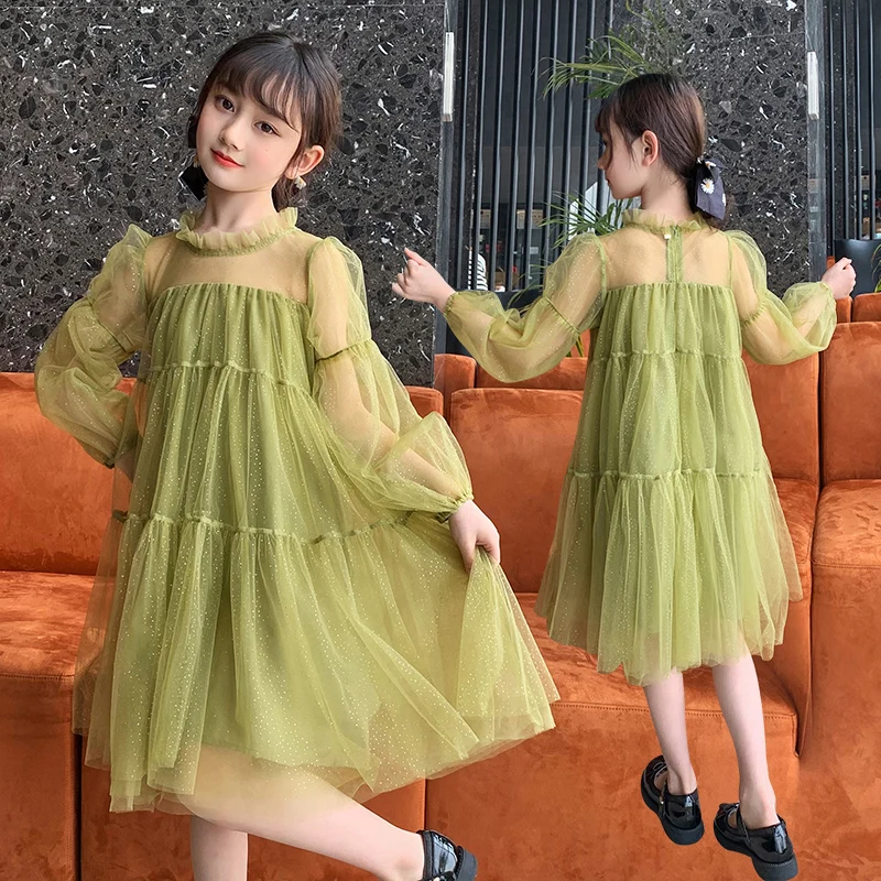 Flowing Golden Gauze Girls Patchwork Dress  Kids Dresses For Girls Summer Girls Clothes 6 7 8 9 10 12 14 Years