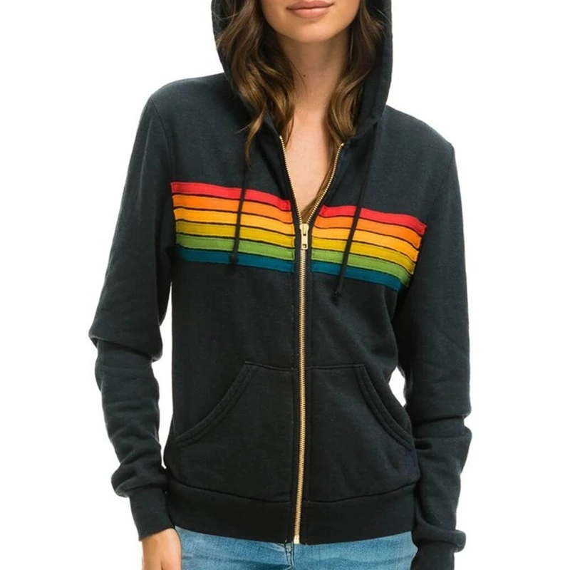 Donsignet Felpe Con Cappuccio Da Donna Cappotto 2021 Felpe Con Cappuccio Arcobaleno Casual Da Donna Nuove Felpe Con Cappuccio A Righe Con Zip