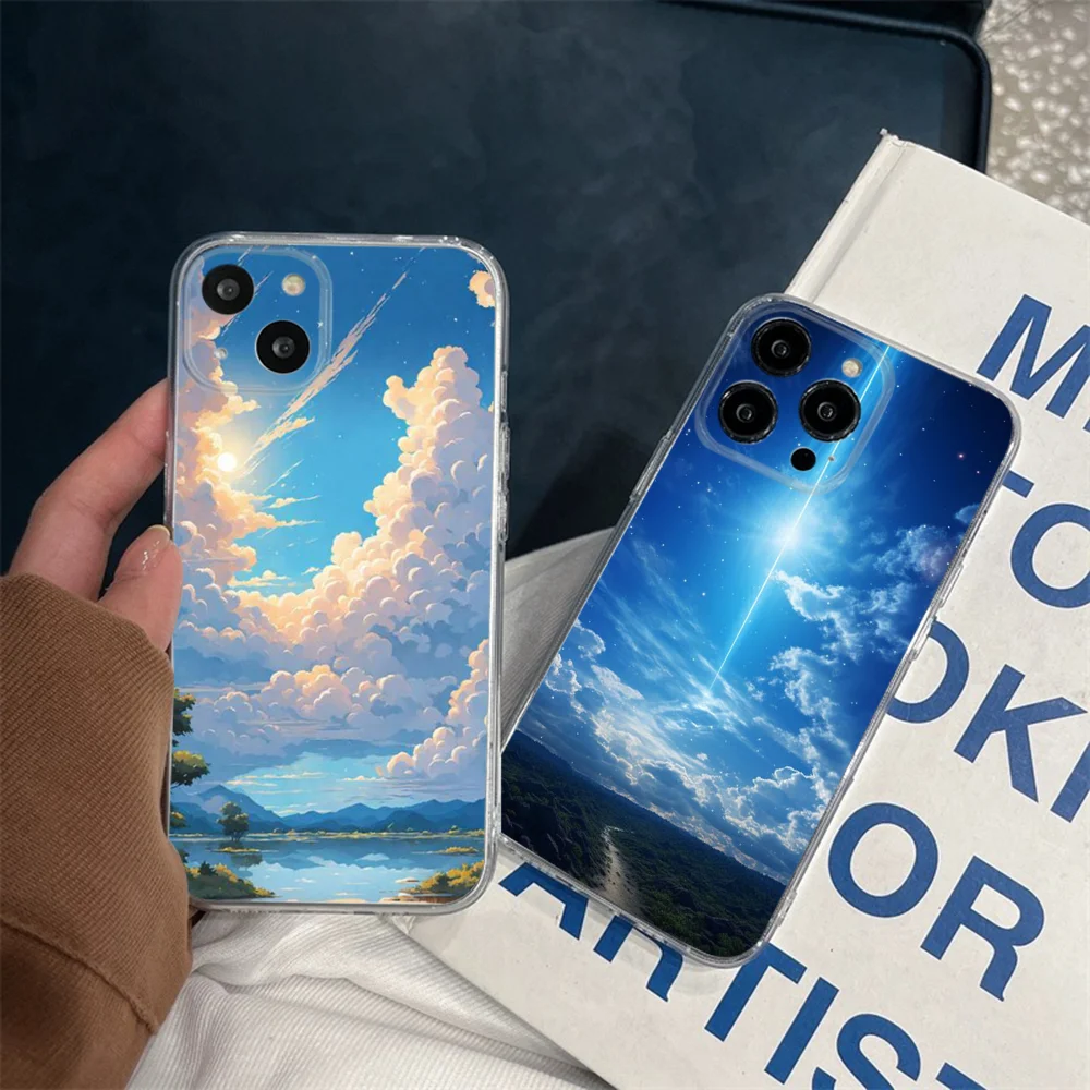 Summer Sky Anime Lanscape Mountain Phone Case Iphone 11 12 13 14 Pro Max 13 Mini 13Promax Silicon Funda Cover Trasparenti
