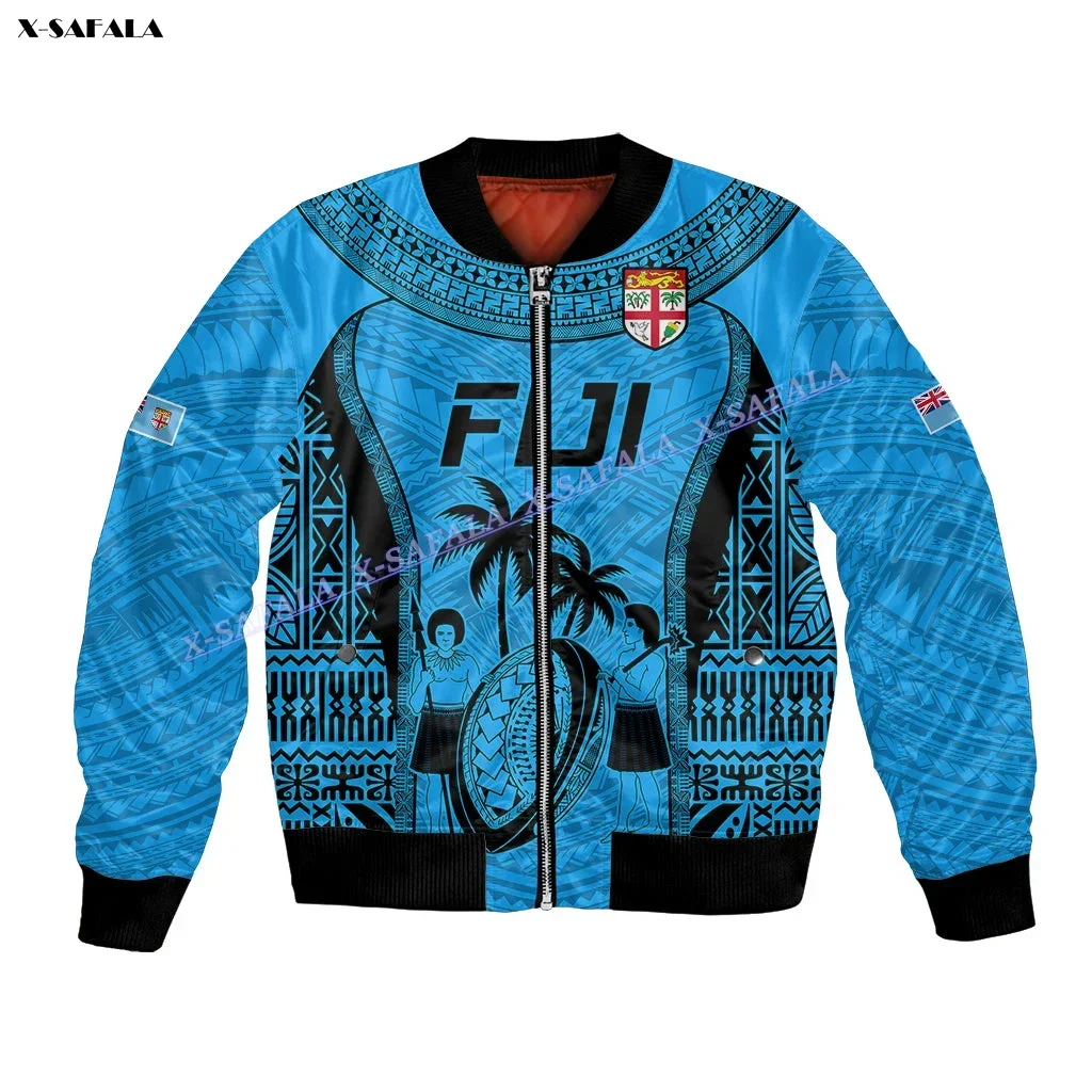 Tapa Blue Fiji Rugby Go Fijian 7S 3D Printed Men Thick Flight Bomber Jacket Zipper Coat Jumper Loose Streetwear Pullover