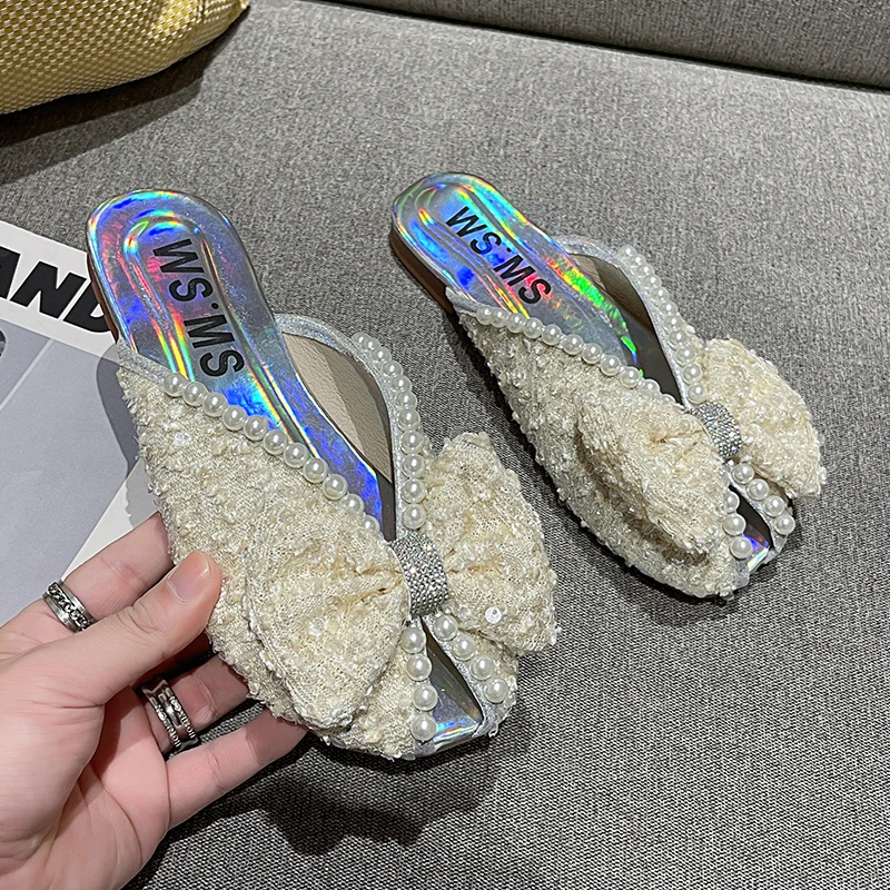 2024 Summer Bling Bow Beaded Flats Pantofole Da Donna Scarpe Mules Designer New Brand Dress Sandali Infradito Zapatos Mujer Slides