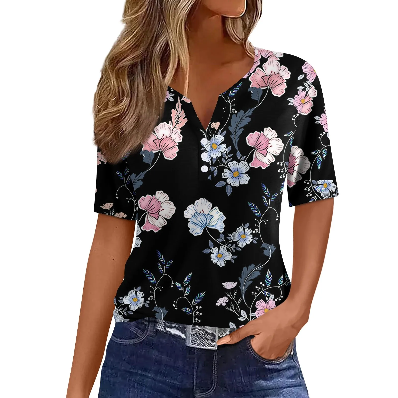 Camicia Con Stampa Floreale Sfumata Casual Moda Donna Con Scollo A V Manica Corta Bottone Top Abbigliamento Donna Giovanile Offerte Di Abbigliamento D