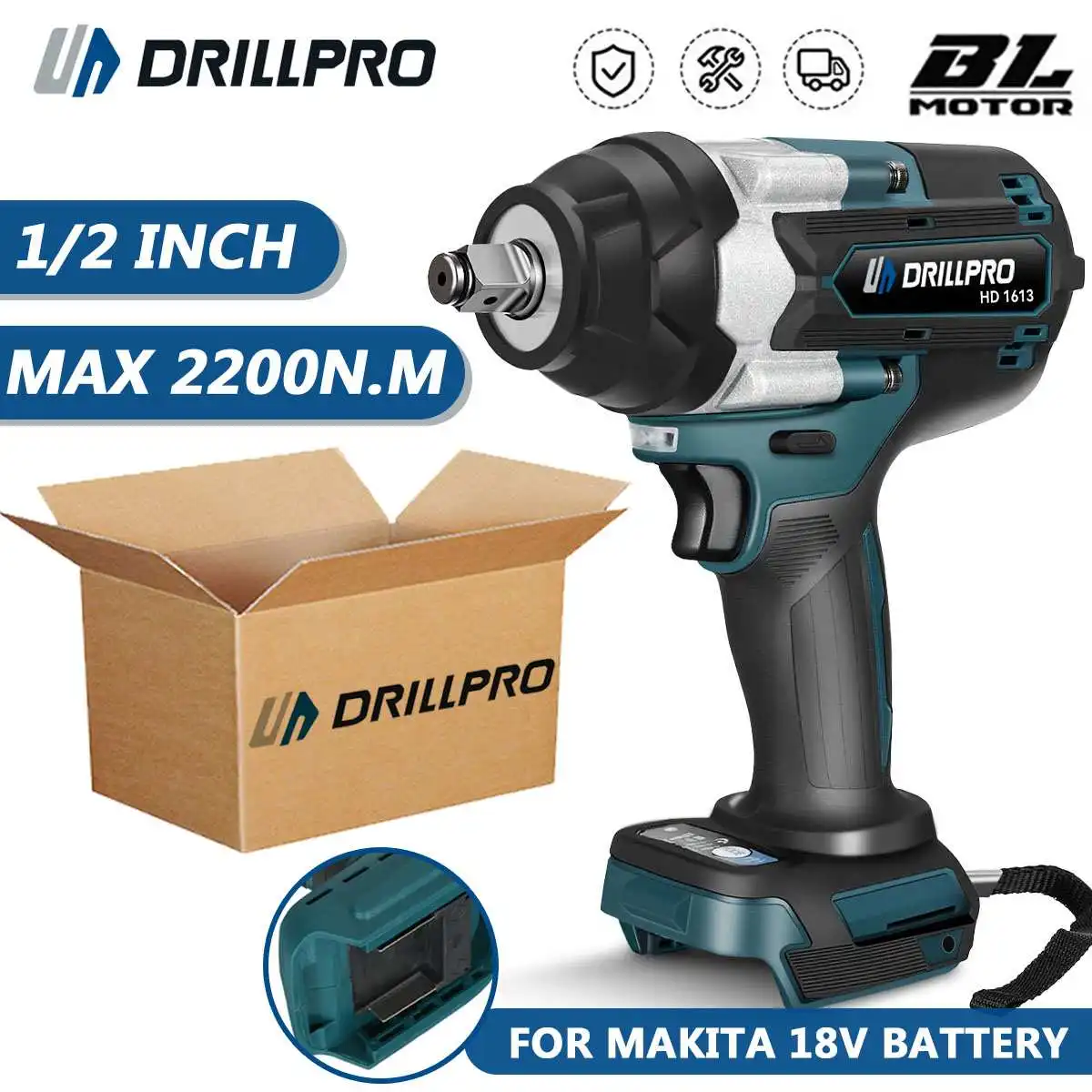 Drillpro 2200N. M Chiave Elettrica A Percussione Senza Spazzole 1/2 Pollici Strumenti Per Auto Di Riparazione Di Potenza Per Batteria Makita 18V Klucz