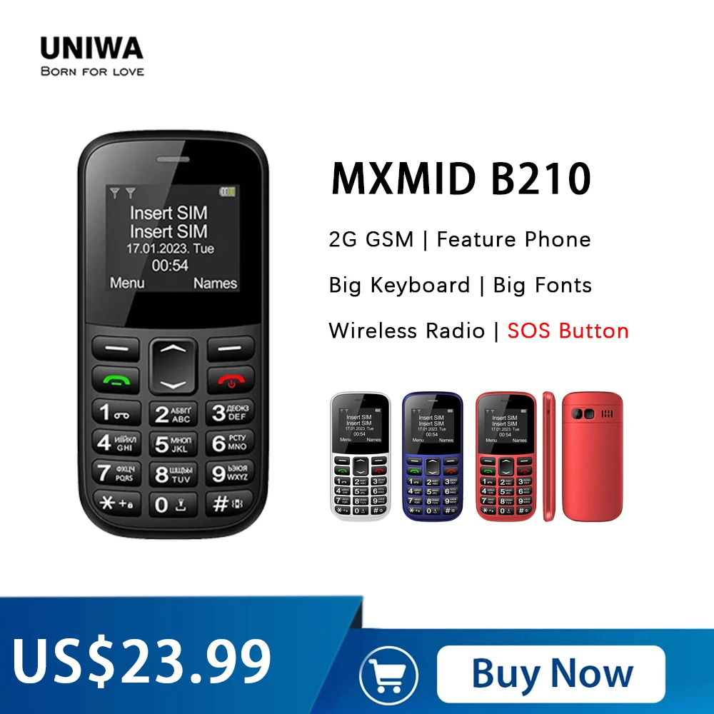 Uniwa Mxmid B210 2G Feature Phones Wireless Radio Dual Sim Big Keyboard Sos Senior Cell Phone Per Anziani Inglese Russo Arabo