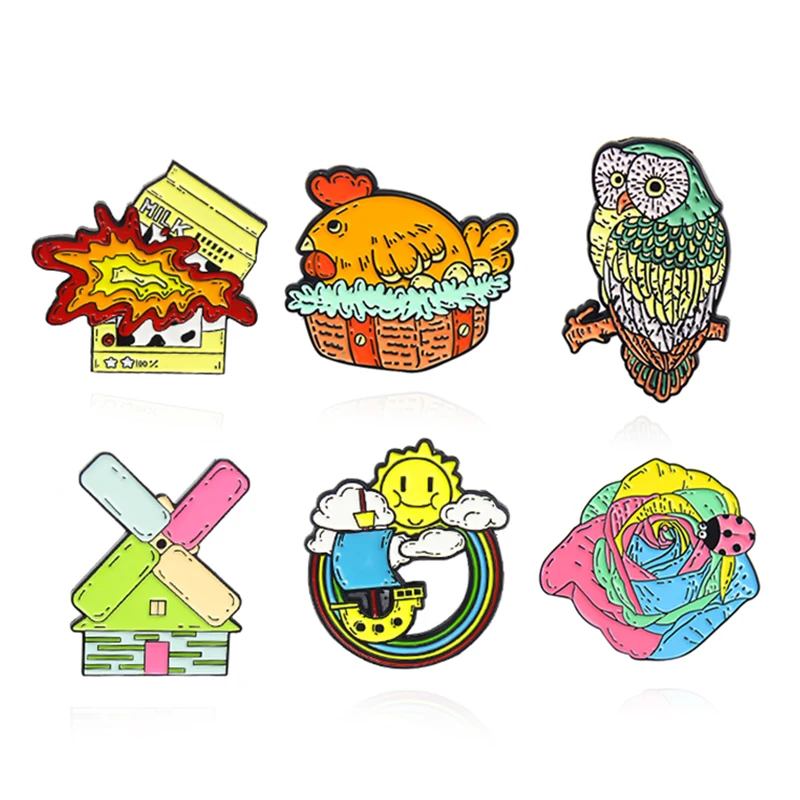 Colorato Rosa Gufo Gallina Spille Insetto Personalizzato Coccinella Blast Milk Windmill Barca A Vela Smalto Pin Zaino Per Le Donne Ragazze Gioielli