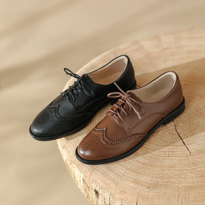 2024 New Spring Women Pumps Pelle Naturale Plus Size 22-26.5Cm Mocassini Stringati In Pelle Bovina Donna Brogue Scarpe Da Nonna Con Tacco Basso