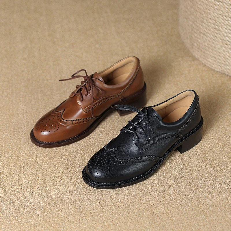 2024 New Spring Women Pumps Pelle Naturale 22-24.5Cm Pelle Bovina Lavata + Mocassini In Pelle Piena Di Cinghiale Lace Up Retro Women Brogue