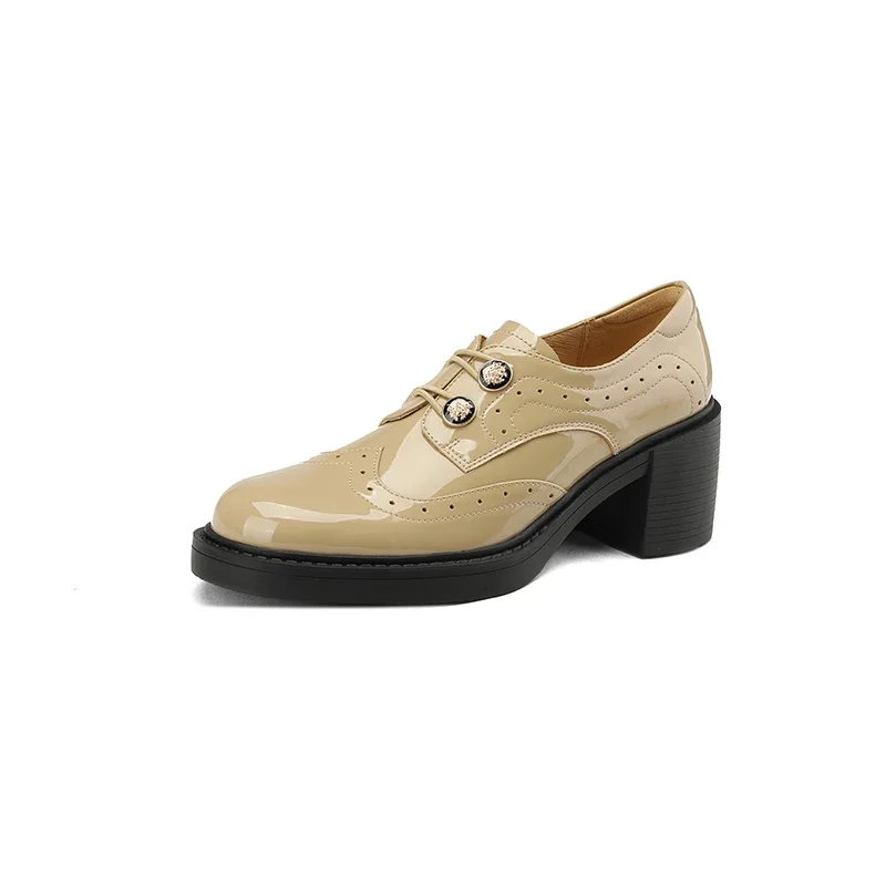2024 New Spring Women Pumps Pelle Naturale 22-25Cm Pelle Di Pecora + Mocassini Stringati In Pelle Bovina Donna Brogue Scarpe Con Fibbia Tacco Spesso