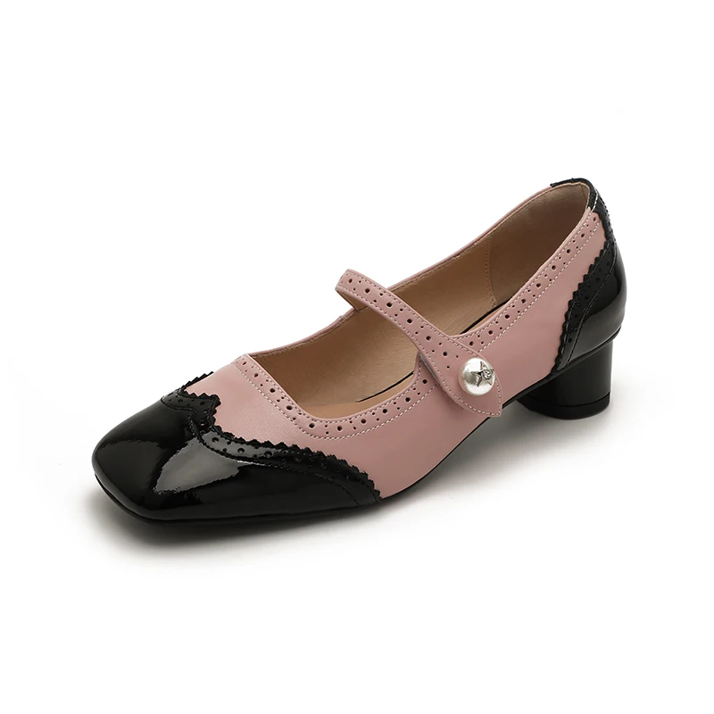 2023New Spring Women Pumps Pelle Naturale Plus Size22-25Cm Pelle Bovina + Pelle Di Cinghiale Punta Quadrata Brogue Buckle Tacchi Spessi Mary Jane Shoe