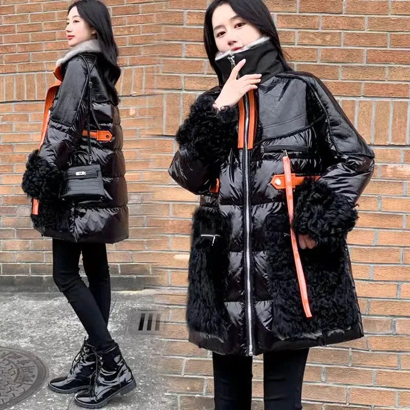 Chic Fur Splice Down Coat Womens 2023 New Glossy Winter White Duck Down Coat Long Loose Puffer Parka Pu Leather Jacket Soprabito