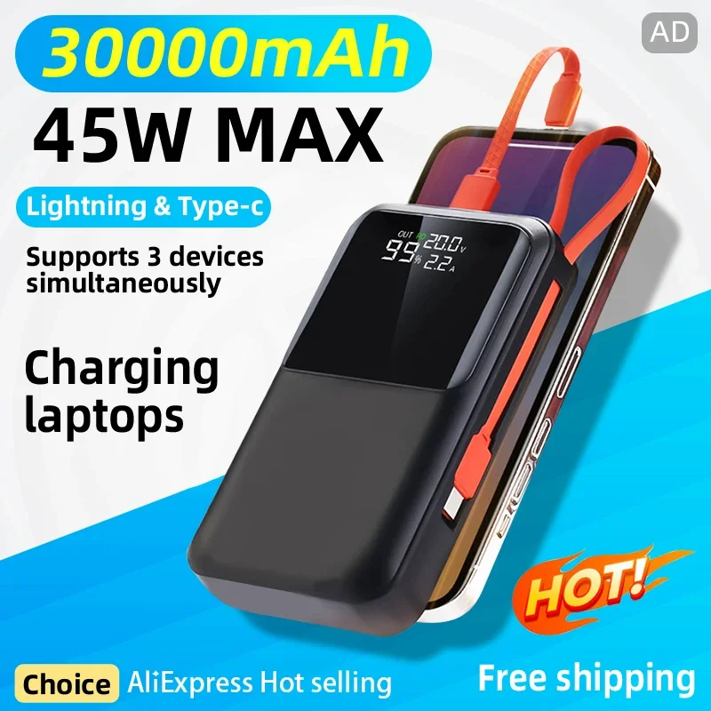 Power Bank Da 30000Mah Con Capacità Reale 45W Ricarica Super Veloce 3 In 1 Power Bank A Ricarica Rapida Per Iphone Huawei Samsung Laptop