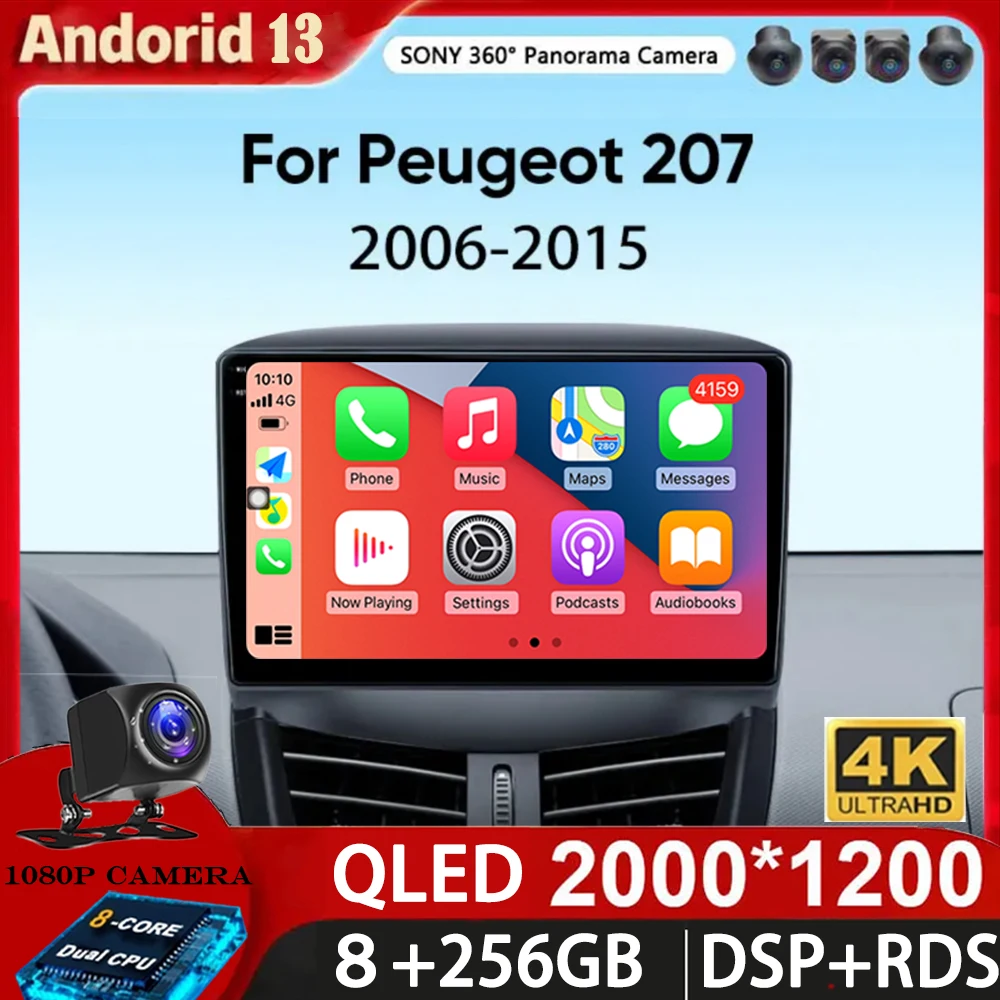 Android 13 Autoradio Per Peugeot 207 Cc 207Cc 2006 - 2015 Wireless Carplay Android Auto Stereo Multimedia Player Wifi 4G 2 Din
