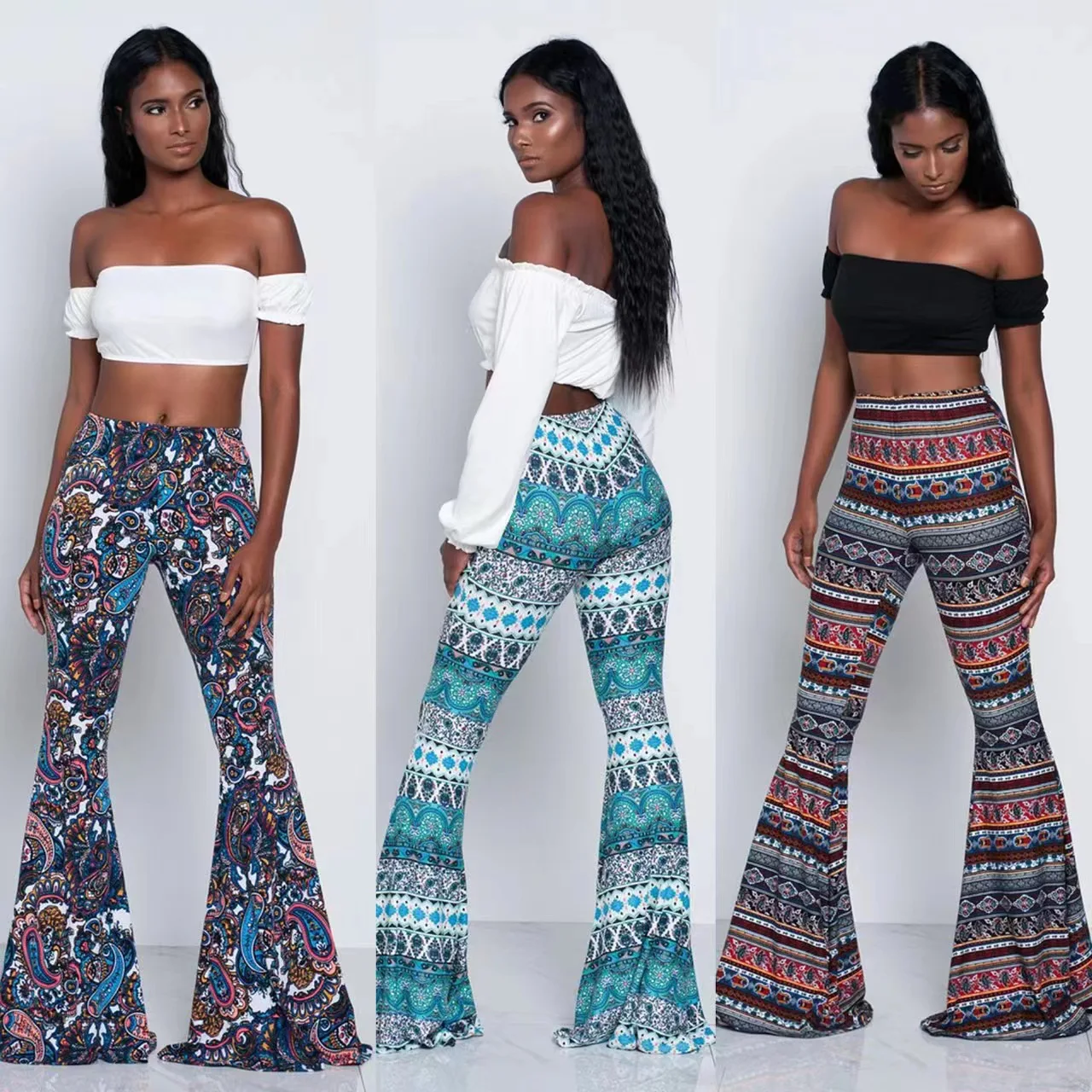 Pantalones De Campana Con Estampado Retro Para Mujer, Pantalones Multicolor, Varios Yardas, Nuevo Estilo, Superventas