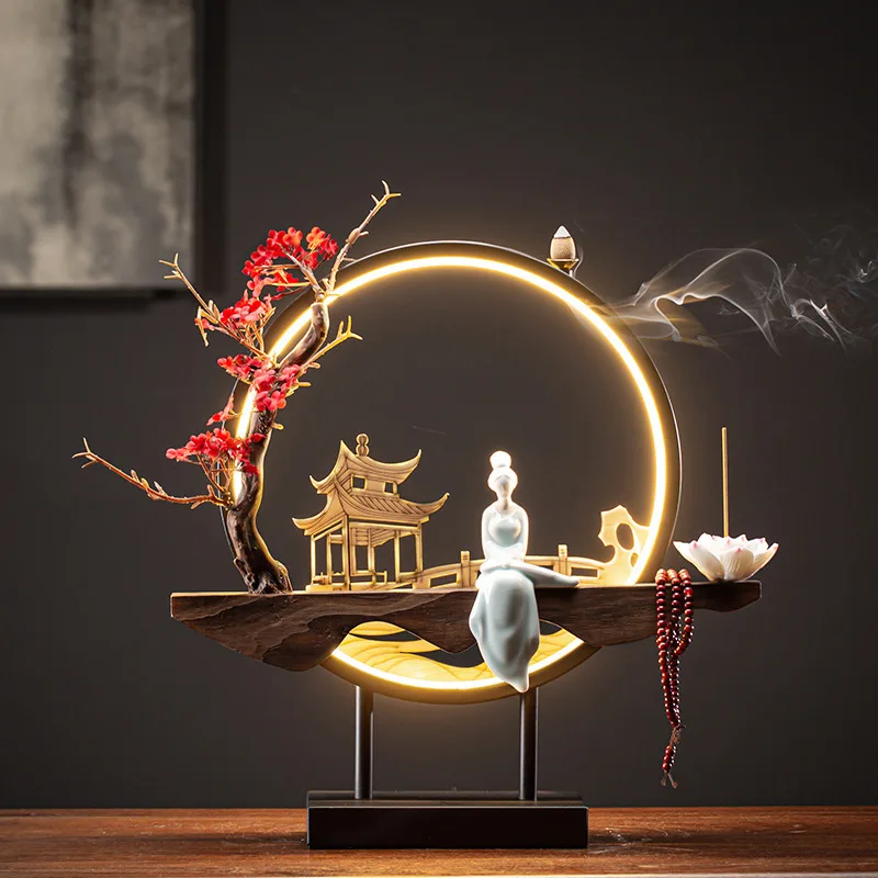 Usb Light Ring Ornament Led Light Reflusso Bruciatore Di Incenso Albero Di Simulazione Ceramic Lotus Buddha Bead Home And Office Decoration