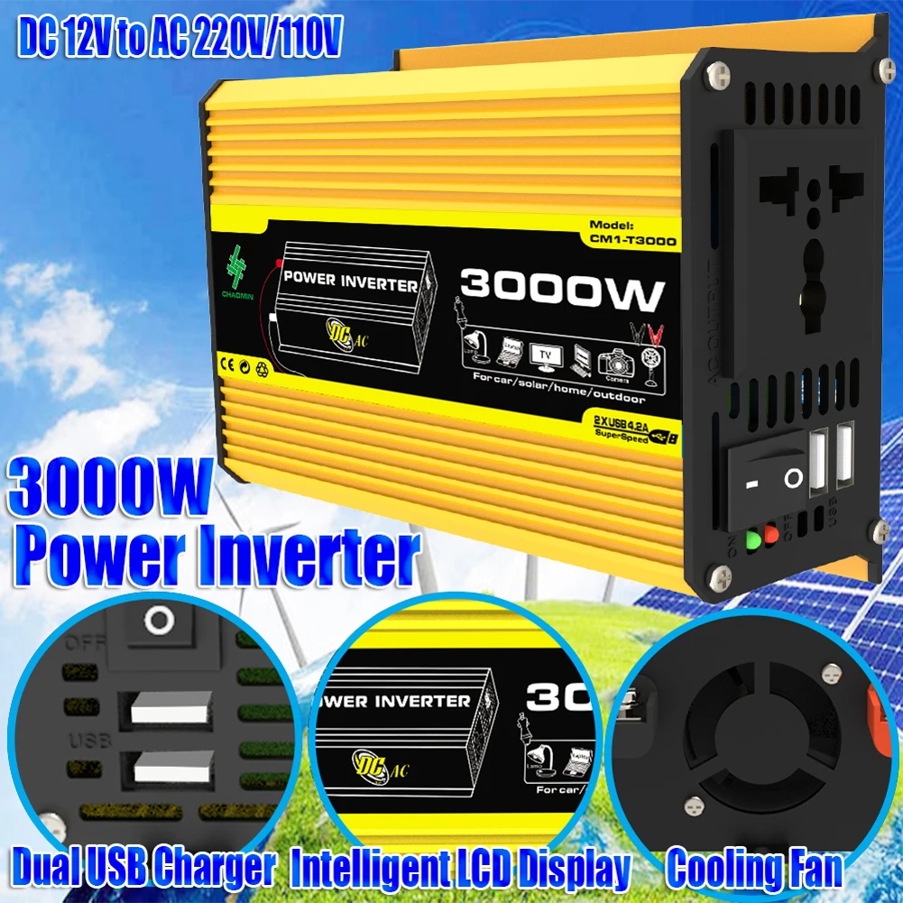 Dc 12V A Ac 110/220V Inverter Per Auto Dual Usb Intelligent Power Inverter 3000W Digital Power Inverter Fusibile Integrato Per Rv Caravan