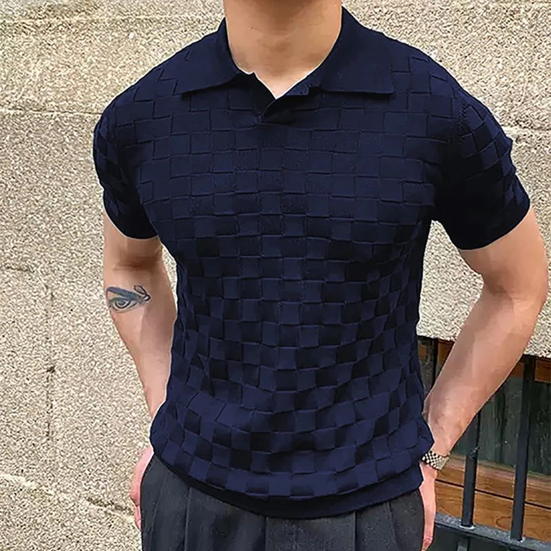 Vintage Plaid Jacquard Lavorato A Maglia Polo T-Shirt Uomo Estate Casual Traspirante Sottile Maglia Top Mens Maglieria Moda Slim Polo