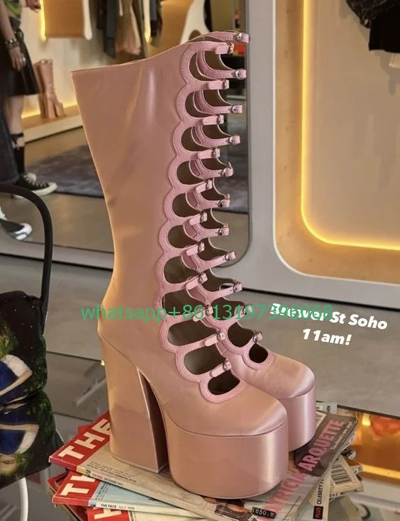 Lady Pink Stain Mary Janes Platform Boots Muti-Buckle Strap Chunky Heel Boots Eleganti Stivali Dal Design Cut-Out Colori Personalizzabili