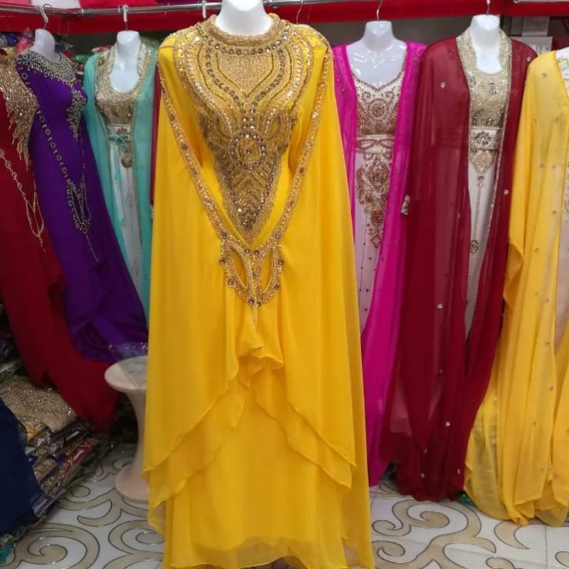 Abito Giallo Marocco Dubai Caftani Farasha Abaya Abito Lungo Molto Fantasia