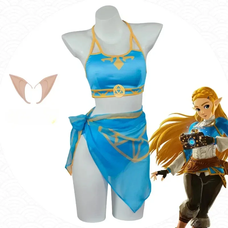 Traje Baino La Princesa Zelda, Baador Sexy Con Orejas Zelda, Peluca Recta Dorada, Conjunto Bikini Azul Suave