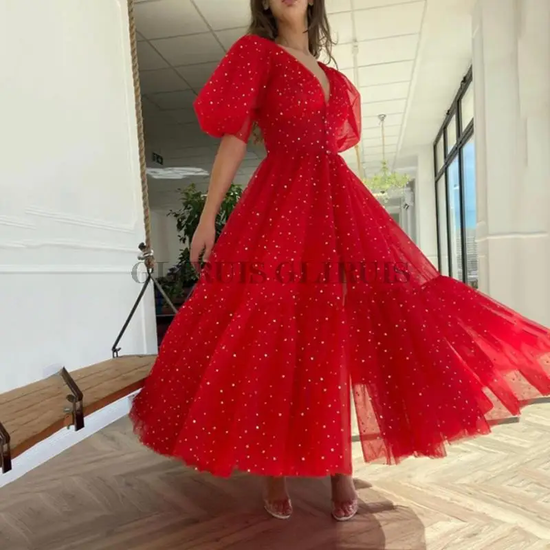 Sexy Red Prom Dresses Short Front Split Gold Hearty Tulle Formal Evening Party Gowns With Sleeve Vestido De Festa Formatura
