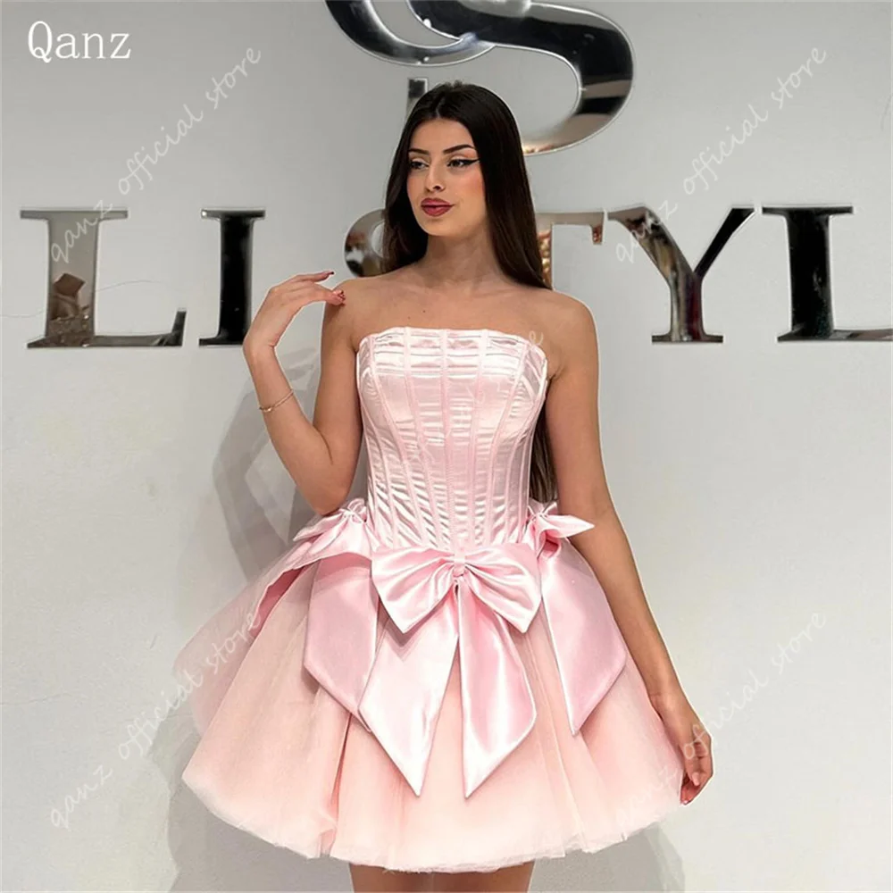 Qanz Baby Pink Princess Homecoming Kleider Senza Spalline Tulle Lace Up Back Short Homecoming Dresses A Line Bow Vestidos De Festa