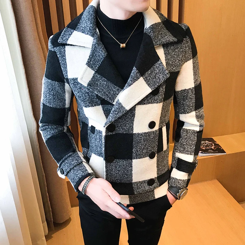 2023 Primavera Nuovo Cappotto Slim Da Uomo Cappotto Scozzese Moda Britannica Doppio Petto Cappotto Di Lana Casual Abbigliamento Grande Da Uomo M-5Xl