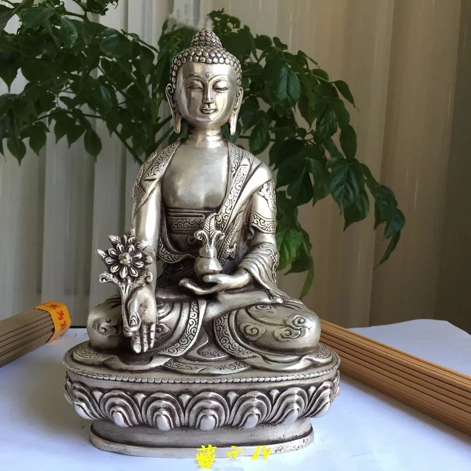 Budismo Plata China Bien Dragon Po Sang Buda Asiento De Loto Escultura Estatua De Buda Medicinale