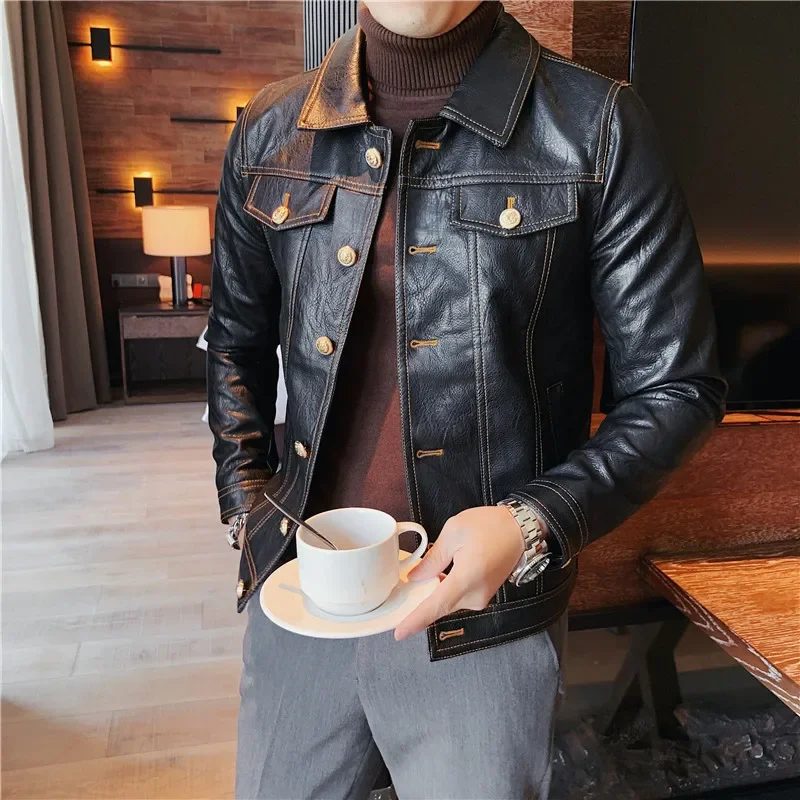 2023 Abbigliamento Di Marca Giacca In Pelle Casual Primaverile Da Uomo/Uomo Slim Fit Moda Cappotti In Pelle Di Alta Qualità Abbigliamento Uomo V108