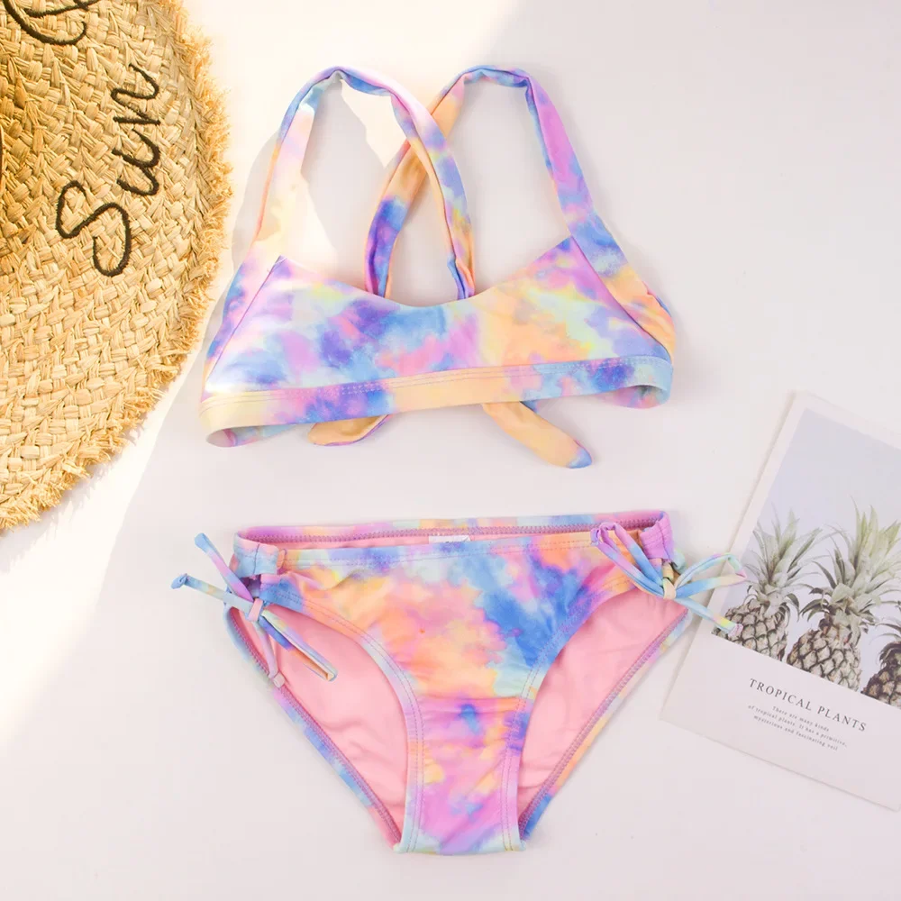 Teen Kids Girls Bandage Bikini Set Tie-Dye Print Summer Children Kids Costume Da Bagno Studenti Ragazze Due Pezzi Costumi Da Bagno Costume Da Bagno