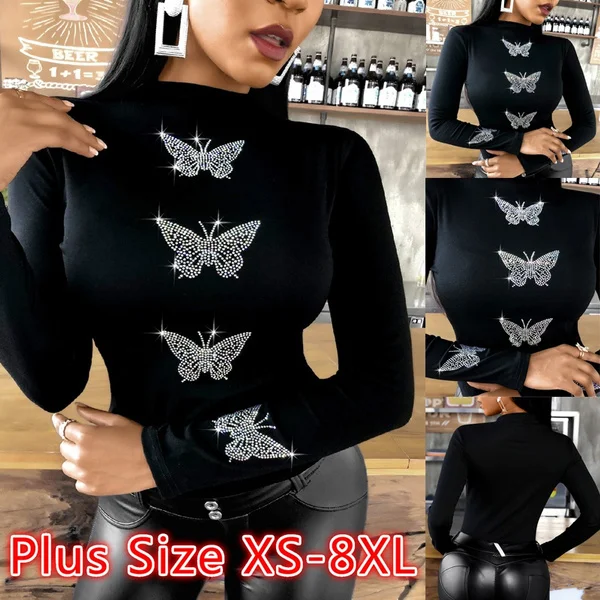 New 2022 Womens Butterfly Diamonds T-Shirt A Maniche Lunghe Femme Butterfly Pattern Studded Fashion Top Camicia Slim Allentata Xs-8Xl