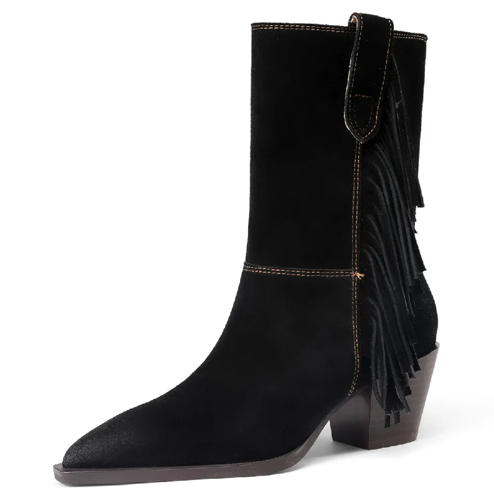 Women'S Natural Suede Leather 6Cm Thick High Heel Pointed Toe Autumn Slip-On Mid-Calf Boots Retro Female Soft Comfort Half Boots