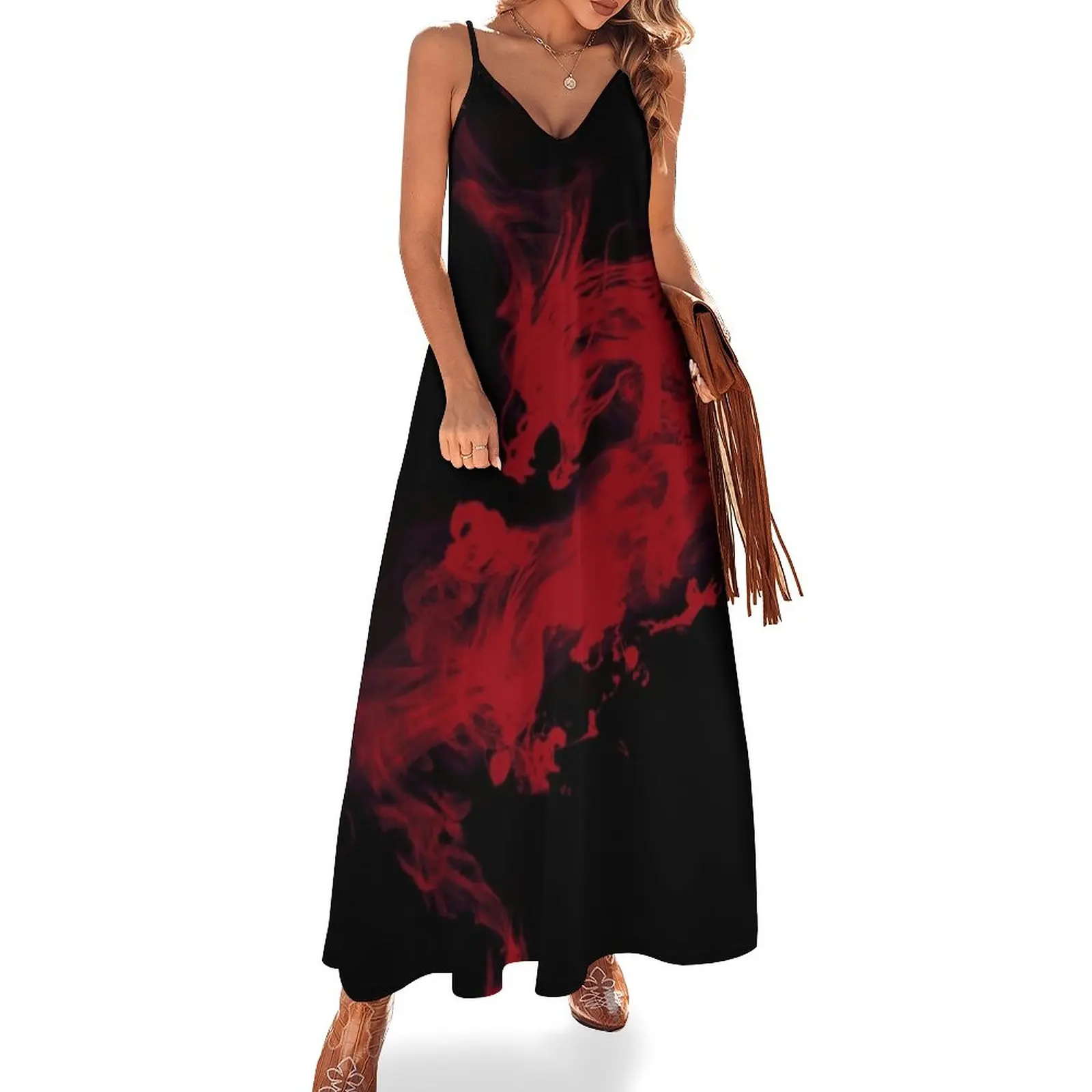 Abito Senza Maniche Drago Rosso Scuro Completi Da Donna Eleganti Abiti Di Lusso Abito Estivo Da Donna 2024 Moda Donna