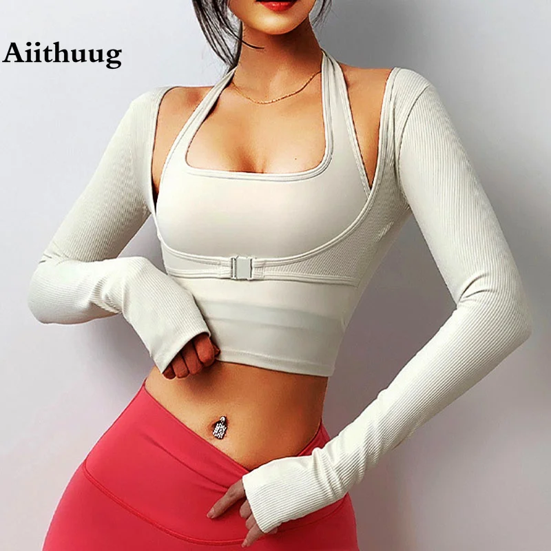 Camicie Da Palestra Imbottite Aiithuug Camicie Da Yoga Da Donna A Maniche Lunghe Camicie Finte A Due Pezzi Top Fitness Con Chiusura Sottoseno Top Da A