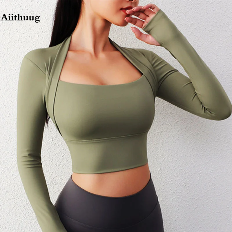 Aiithuug Camicie Da Yoga Imbottite A Maniche Lunghe Yoga Crop Top Camicie A Taglio Basso Camicia Da Palestra Allenamento Palestra Top Insert Pads Slim