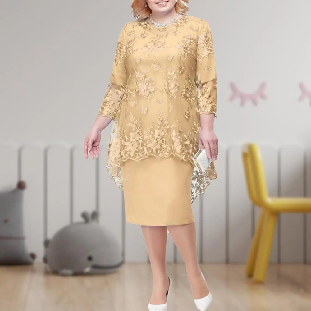 Bellissimo Abito Da Sera Slim Tinta Unita Ricamo Pizzo Manica 3/4 Abito Da Sera Donna Traspirante Vestito Da Donna Vestiti Femminili