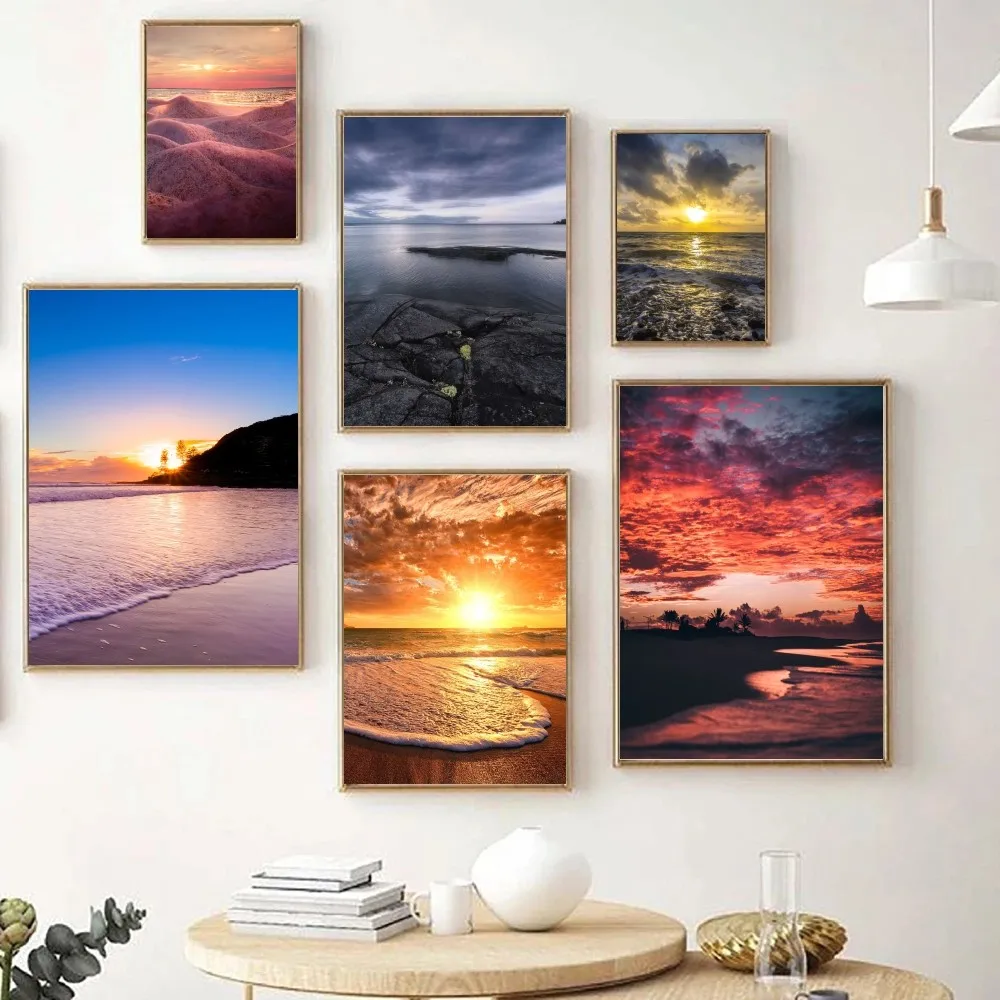 Ocean Waves Beach Sunset Natural Landscape Poster Wall Sticker Camera Da Letto Soggiorno Ingresso Cafe Modern Indoor Hanging Painting
