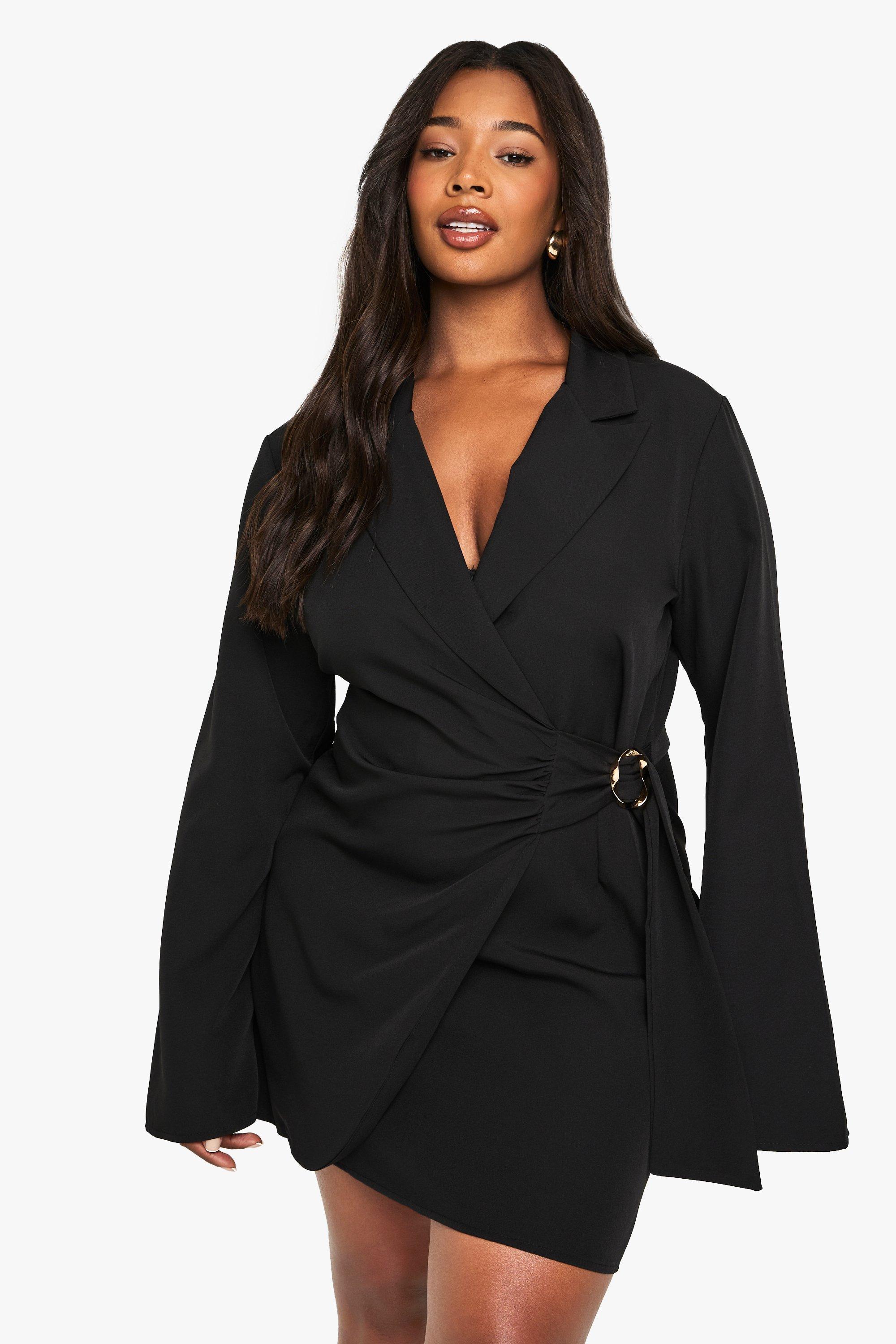 Plus Buckle Detail Tie Waist Tailored Blazer Dress, Nero