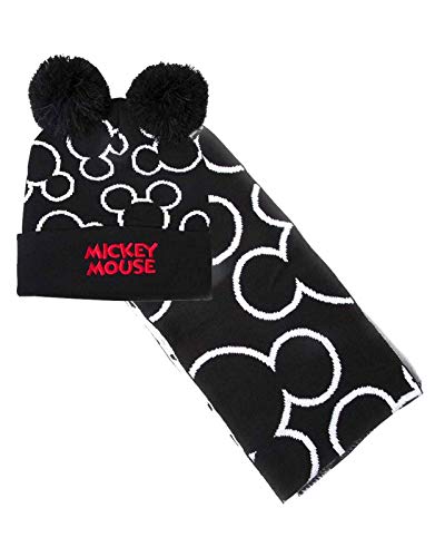 Disney Mickey Mouse Bobble Beanie & Scarf Gift Set Sciarpa, Cappello E Guanti, Nero (Black Black), Taglia Unica Unisex-Adulto