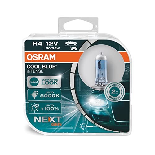 Osram Cool Blue Intense H4, +100% Luminosa, Fino A 5000K, Lampada Alogena, Look Led, Duo Box (2 Lampade)