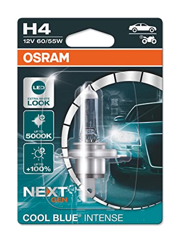 Osram Cool Blue Intense H4, 100% Di Luminosità In , Fino A 5000K, Lampada Alogena, Look Led, Blister Singolo (1 Lampada)
