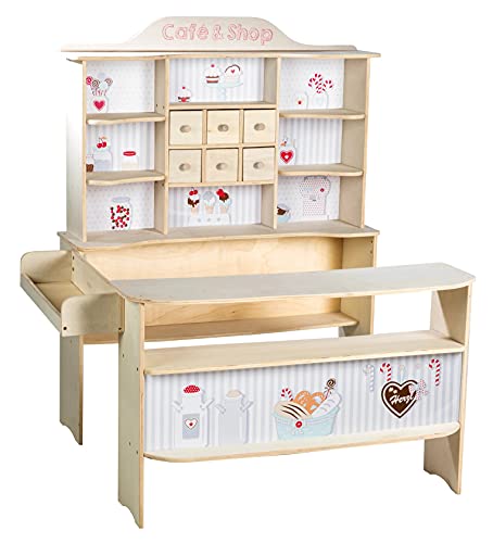 Roba Negozio Giocattolo Per Bambini Café E Shop - 6 Cassetti E Accessori Inclusi - Bancone Laterale E Bancone Con Cassa - Stand Di Vendita - Legno Nat