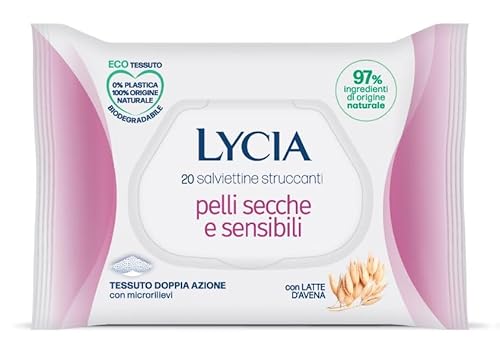Lycia - Salviette Struccanti Per Pelli Secche E Sensibili, Salviette Struccanti Per Viso E Occhi, Con Latte D'Avena, In Tessuto 100% Naturale, 20 Pezz