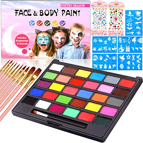 Mulevip Body Painting,Pittura Corpo, 30 Colori Truccabimbi Kit Con 50 Stampini E 10 Pennelli, 400 Gemma, Halloween Make Up,Body Painting Colori,Colora